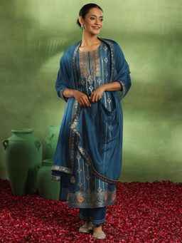 Libas - Blue Floral Woven Kurta and Pant with Dupatta (Set of 3)
