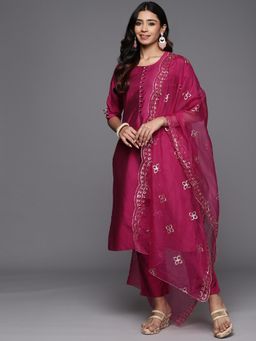 Gerua By Libas - Magenta Silk Blend Kurta with Pant and Dupatta (Set of 3)