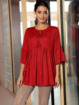 Libas - Red Viscose Rayon Woven Design A-Line Kurti
