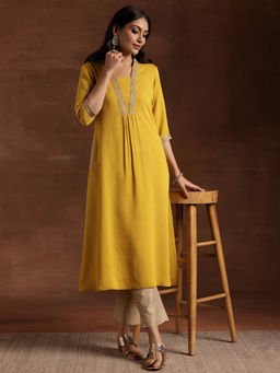 Libas - Yellow Floral Embroidered A-Line Kurta