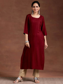 Libas - Red Woven Design Sequinned Straight Kurta