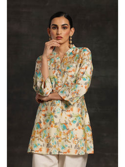 Libas - Beige Floral Printed Silk Blend Straight Kurti