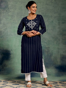 Libas - Blue Embroidered Striped Kurta