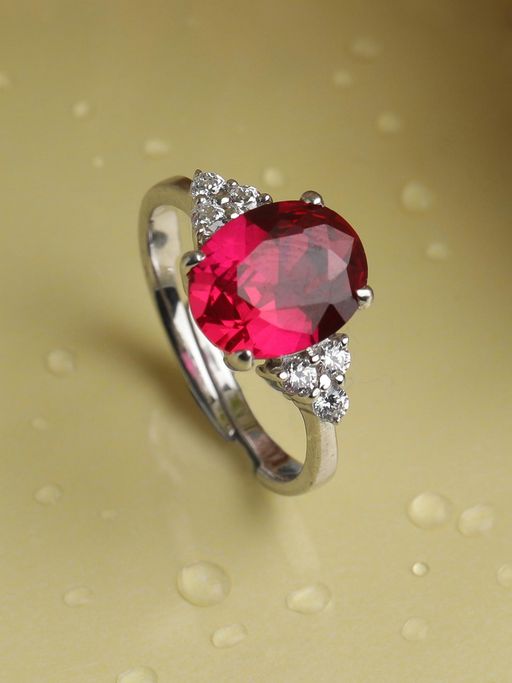 CLARA 925 Silver Rhodium Plated Swiss Zirconia Blood Red Oval Adjustable Ring For Women & Girls