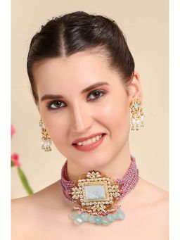 Auraa Trends - Pink Choker Set with Light Blue Mother of Pearls Pendant and Mint Drops