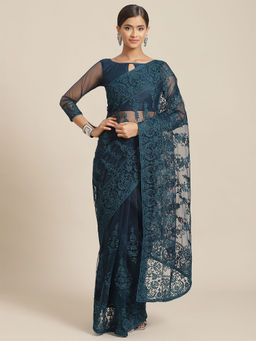 Odette - Teal Floral Embroidered Net Saree with Unstitched Blouse