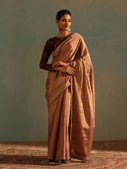 WeaverStory - Purple and Golden Hand Tissue Silk Saree