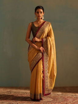 WeaverStory - Gold Hand Tissue Saree with Pitta Work and Zardozi Border