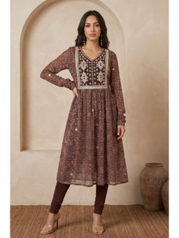 Aurelia - Women Brown Printed Polyester Anarkali Kurta