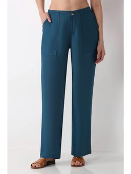 Biba - Women Teal Solid/Plain Viscose Blend Pant