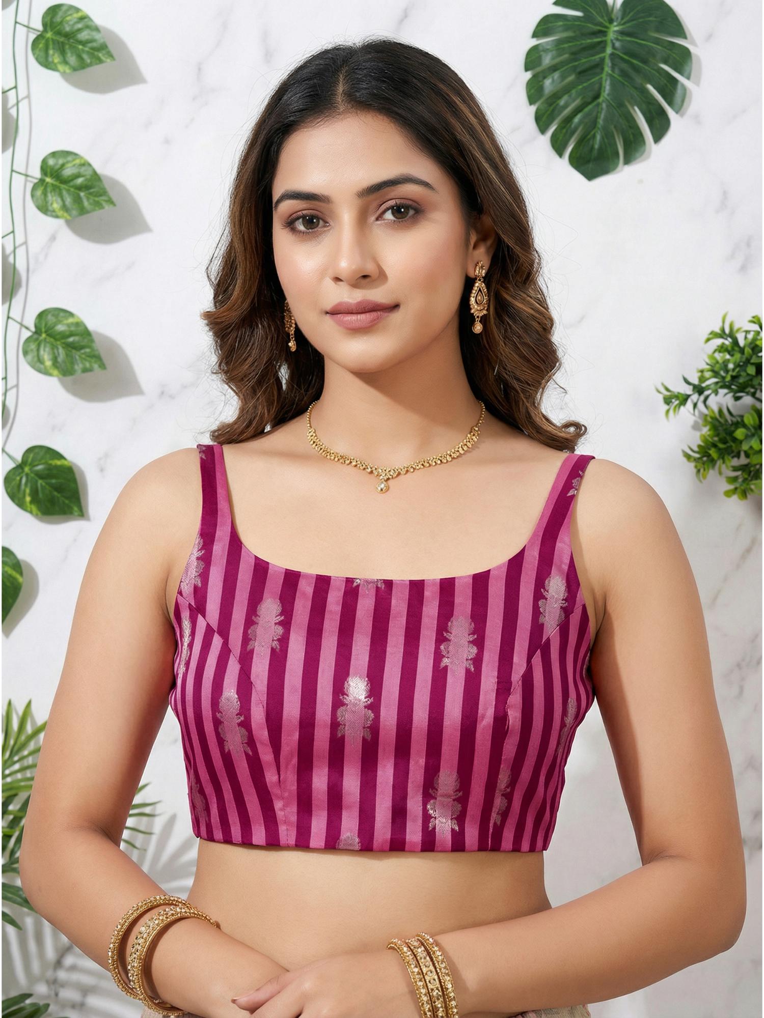 tikhi imli Women Pink Stripes Brocade Stitched Blouse-picture-30