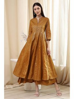 Biba - Women Mustard Printed Cotton Anarkali Kurta