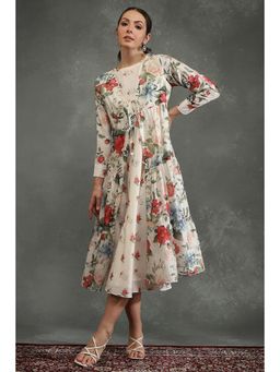 Biba - Women White Floral Chanderi Silk Dress