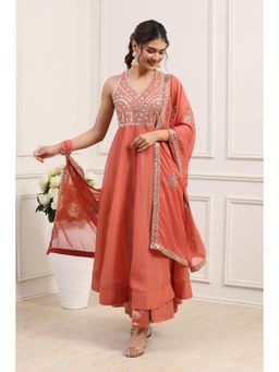 Biba - Women Pink Solid/Plain Polyester Anarkali Kurta with Dupatta