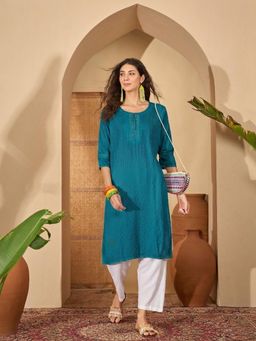 Stylum - Women Teal Stripes Rayon Kurta