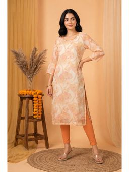 W - Straight Peach Printed Tissue Kurta