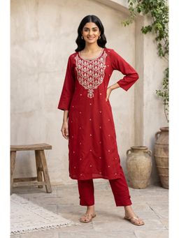 W - Straight Red Embellished/Sequined Viscose Blend Kurta