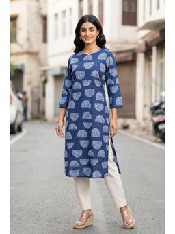 W - Straight Navy Blue Printed Pure Cotton Kurta