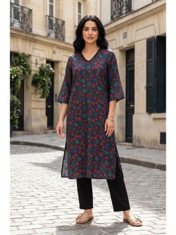 W - Straight Navy Blue Floral Viscose Blend Kurta