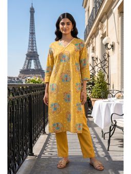 W - Straight Mustard Floral Pure Cotton Kurta