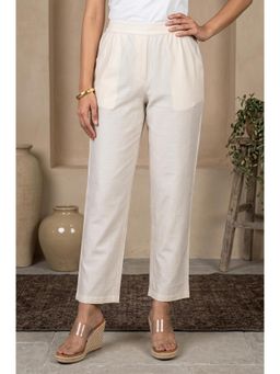 W - Straight Off White Solid/Plain Viscose Blend Pant