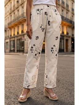 W - Straight Off White Floral Cotton Blend Pant