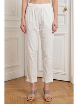 W - Straight Off White Solid/Plain Pure Cotton Pant