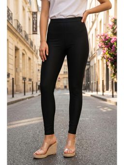 W - Skinny Black Solid/Plain Viscose Blend Leggings