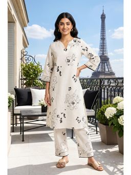 W - Straight Off White Floral Cotton Blend Kurta
