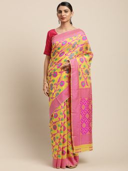 Vastranand - Yellow & Fuchsia Pink Woven Design Jamdani Saree with Unstitched Blouse