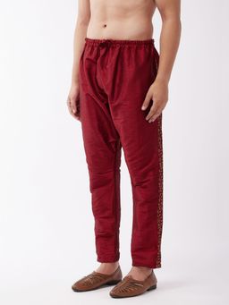 Vastramay - Men Maroon Silk Blend Embroidered Pyjama
