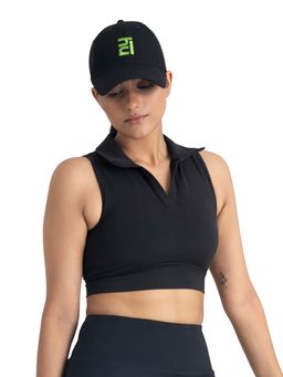 Hunnit - Zen Collar Neck Medium Impact Black Crop Polo T-Shirt