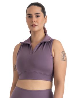 Hunnit - Zen Collar Neck Medium Impact Mauve Crop Polo T-Shirt