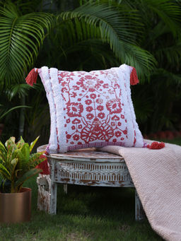 Revive Home - Peach Flower Printed Cushion Cover With Fringes And Tassels