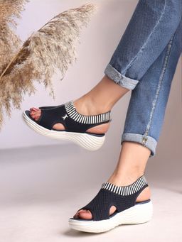 Carlton London - Women Stretch Knit Comfort Navy Blue Platform Sandals