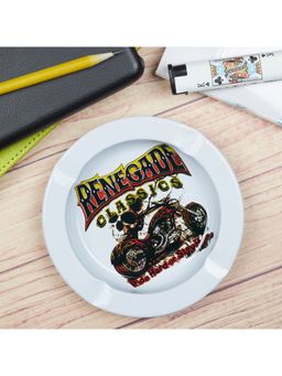 Kookee - White Printed Metal Ashtray Lightweight, Stackable & Stylish for Home/Office