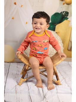 Bontots - Organic Cotton Baby Onesie Beep Beep Fun - Soft & Rash-Free - Rust/Yellow