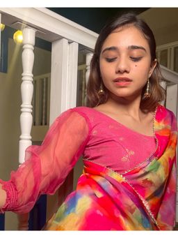 BINDIGASM'S ADVI - Kanchi Gold Print Organza Sleeves Stretchable Slip On Blouse Pink