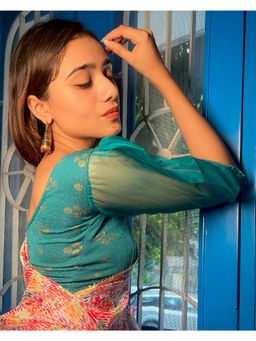 BINDIGASM'S ADVI - Kanchi Gold Print Organza Sleeves Stretchable Slip On Blouse Teal