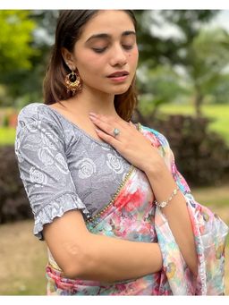 BINDIGASM'S ADVI - Lehar Stone Work Gather Sleeve Stretchable Slip On Blouse Grey