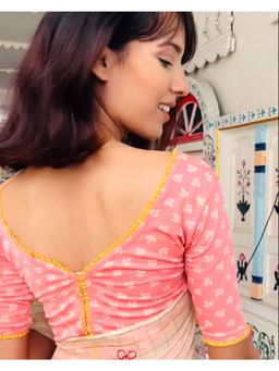 BINDIGASM'S ADVI - Stylised Frill Neck & Back Stretchable Lycra Peach Blouse By Advi