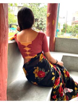 BINDIGASM'S ADVI - Sita Bow Detail Back Checks Fabric Readymade Saree Red Blouse By Advi