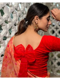 BINDIGASM'S ADVI - Gulshan Velvet Rose Organza Bow Stretchable Slip On Blouse