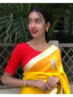 BINDIGASM'S ADVI - Shehzaadi Red Double Frill Detail At Elbow Stretchable Pull On Blouse