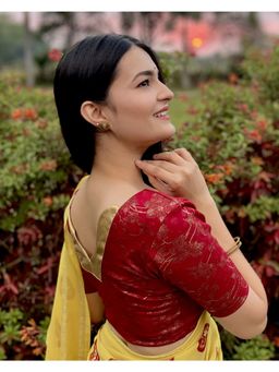 BINDIGASM'S ADVI - Gold Diya Back Floral Metallic Foil Stretchable Blouse