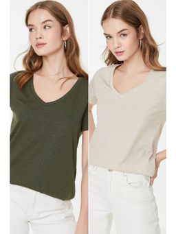 Trendyol - Women's Comfortable Khaki T-shirts Pack Of 2 (Set of 2)