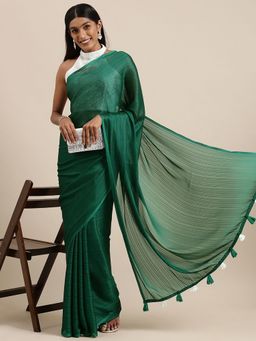 Akhilam - Womens Georgette Teal Green Solid Celebrity Saree with Unstitched Blouse