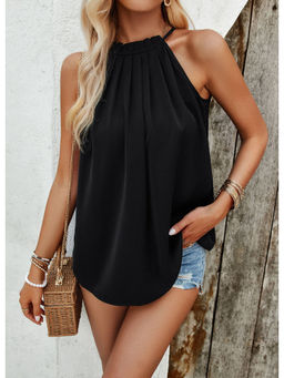 Outzidr - Black Halter Neck Vacay Top With Pleats