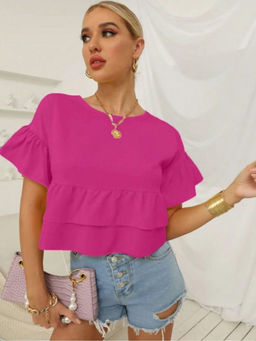 Outzidr - Pink Ruffle Hem Peplum Vacay Top