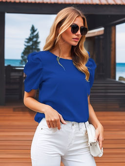Outzidr - Blue Half Sleeves With Puff Details Vacay Top